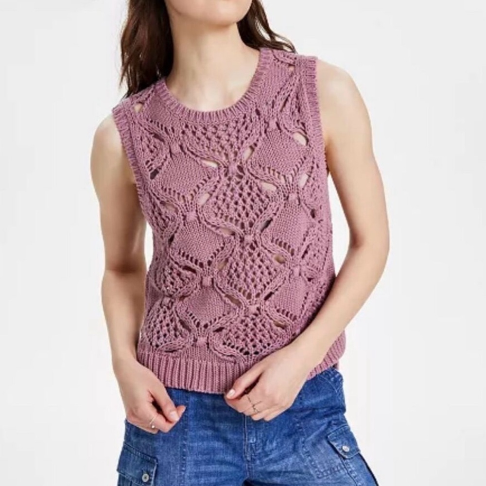🌷LUCKY BRAND MAUVE DIAMOND CROCHET SWEATER VEST SZ M NWT